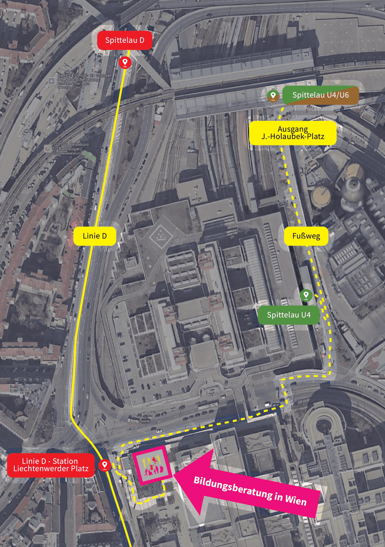 Wegweiser Augasse, Straßenbahn, U-Bahn und Fussweg
